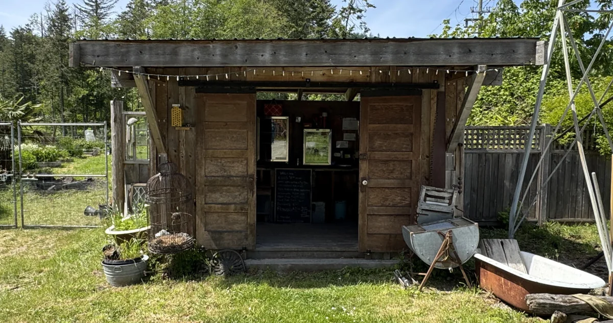 The wooden farm stand on Razor Point Road